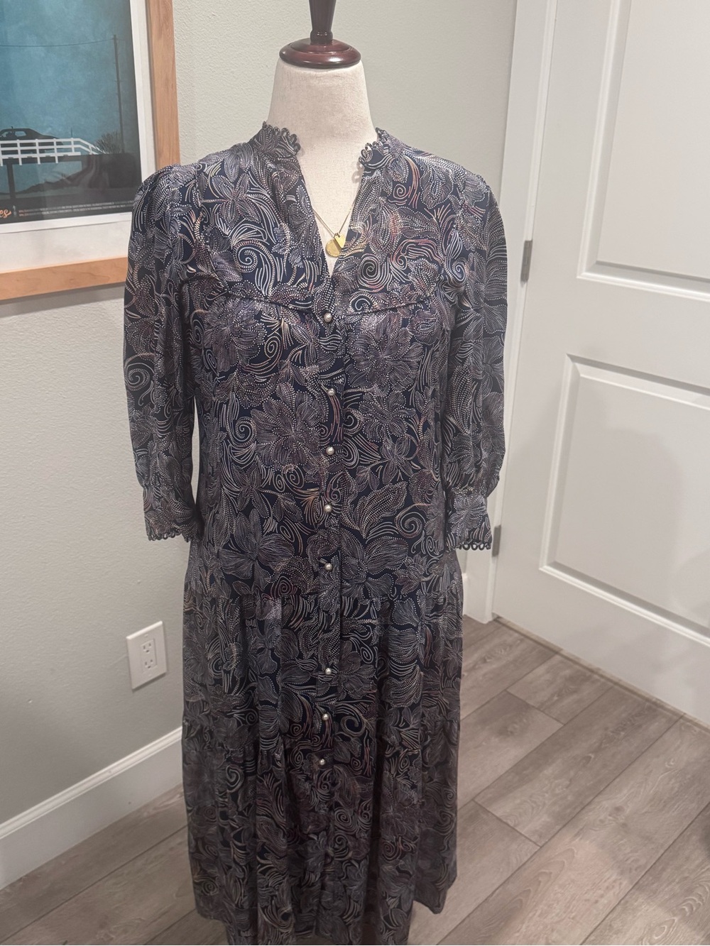 Johnny Was Jade Silk l Navy Paisley Button-Front Women's Dress- missing size tag
